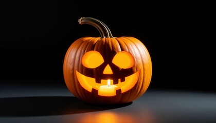 A single carved pumpkin glows on a matte black surface under dramatic lighting. Ideal for Halloween campaigns, seasonal decor branding, and World Art Day visuals with minimalist flair.