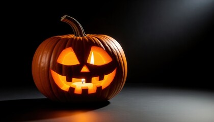 A single carved pumpkin glows on a matte black surface under dramatic lighting. Ideal for Halloween campaigns, seasonal decor branding, and World Art Day visuals with minimalist flair.