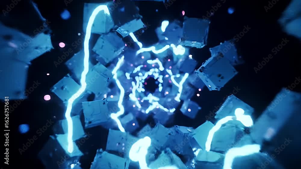Poster dynamic abstract tunnel of glowing blue lightning sparks and digital cubes creating a futuristic mot