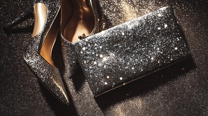 Image of glamorous shiny heels and clutch, fashion concept