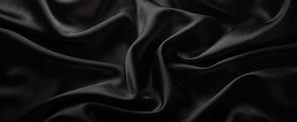 Obraz premium Luxurious black silk fabric exhibits smooth, flowing texture with subtle lines, shadows. Elegant material features sophisticated, understated pattern, ideal for high-end fashion, interior design,