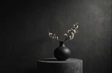 Minimalist black vase with delicate white blossom branches rests on dark round pedestal against textured dark background. Still life composition features dramatic contrast, moody lighting, creating