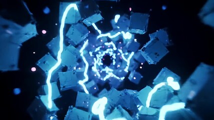 Dynamic abstract tunnel of glowing blue lightning sparks and digital cubes creating a futuristic motion effect - Powered by Adobe