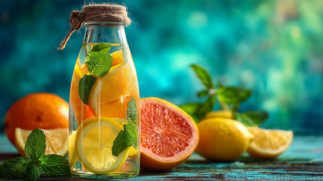 Refreshing water with citrus and mint aroma, shot on a bright blue background, advertising concept - Powered by Adobe