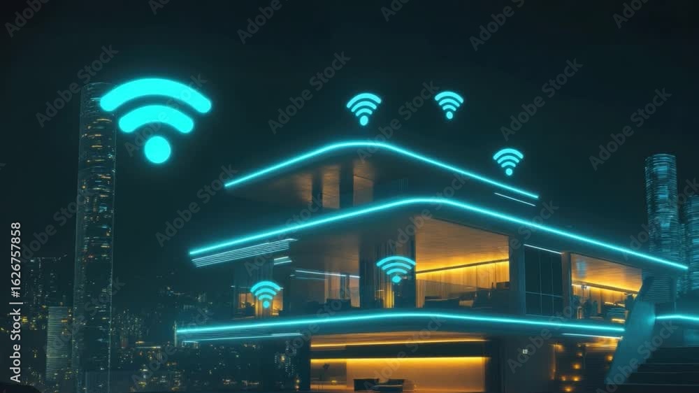 Aufkleber futuristic smart building illuminated at night with glowing wi-fi signals and modern architecture in