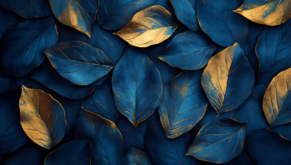 Abstract pattern of deep blue leaves adorned with elegant golden accents, creating a luxurious and sophisticated natural design for backgrounds and decorative textures