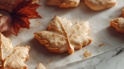 Autumn-themed leaf cookies with icing and sugar sprinkles, ideal for fall celebrations and seasonal treats.