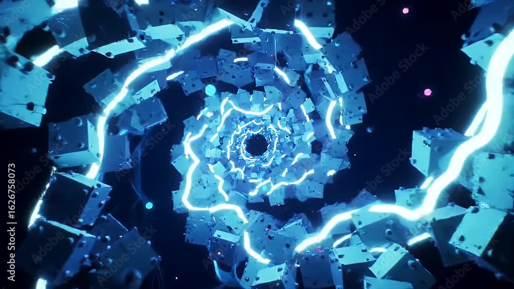 Poster dynamic abstract tunnel of glowing cubes and light streaks, futuristic motion background