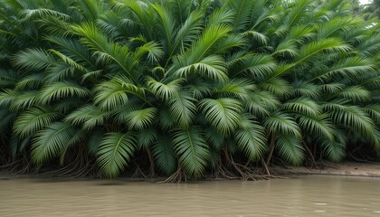 Close up Dense Tangle of Lush Green Palm Fronds Overhanging Muddy Bank