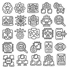 Artificial Intelligence and Machine Learning Doodle Icon Set – AI, Robotics, Automation, Neural Network, Data Science, Brain, Algorithm, Technology, Robot, Chatbot, Cyber, Digital Transformation