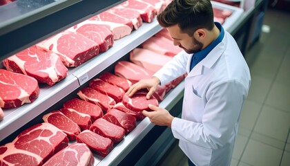 Top-down view of a butcher in a white coat inspecting fresh cuts of raw meat neatly arranged in a refrigerated display case.