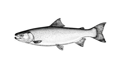 Vintage black, white illustration of salmon trout fish, rendered in ink, pencil. Detailed linear drawing captures fish form with old-school engraving style. Artwork ideal for designs related to