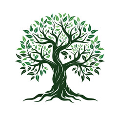 Fototapeta premium Vector silhouette of a tree with roots and green leaves symbolizing nature and growth