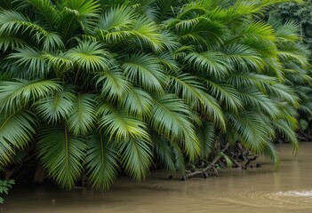 Close up Dense Tangle of Lush Green Palm Fronds Overhanging Muddy Bank