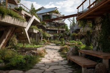 Set in a tranquil environment, this ecovillage features contemporary buildings intertwined with vibrant greenery, inviting relaxation and community Generative AI