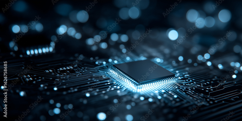 Poster a close-up of an advanced microchip with blue lights glowing in the background, representing its hig