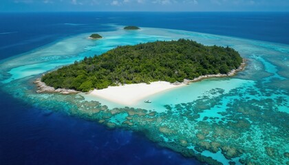 Aerial view of tropical island featuring white sand beach, clear turquoise waters. Dense green trees cover island, with visible coral reefs surrounding shore. Small boat anchored offshore. Perfect