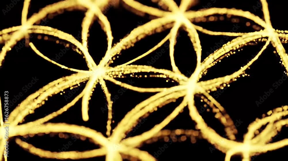 Poster dynamic golden energy particles forming intricate abstract patterns and glowing lines on black backg