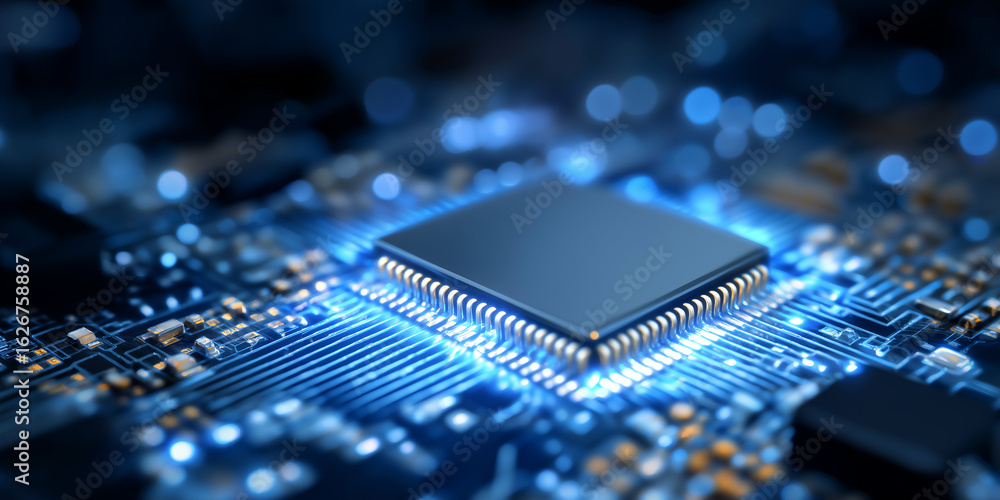 Poster a close-up of an advanced microchip with blue lights glowing in the background, representing its hig