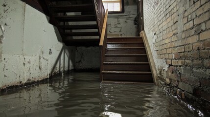 Flooded basement stairwell with wooden steps and damaged blue walls