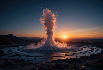 Close up Geyser Plume at Sunset, Dark Space Background