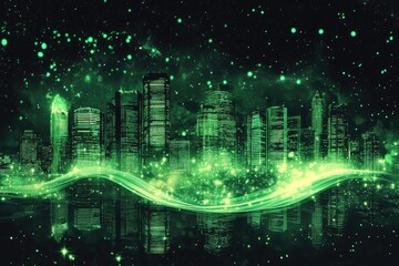 Obraz premium Green glowing cityscape at night, reflected in water