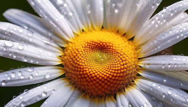 close up photography of a chamomile flower with dew drops on white petals and vibrant yellow center - Powered by Adobe