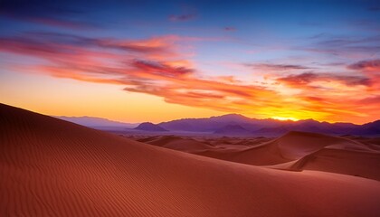 Naklejka premium vibrant desert landscape featuring rolling dunes and distant mountains under colorful sky at sunset evoking sense of tranquility and beauty