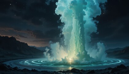 Close up Geyser Plume at Sunset, Dark Space Background