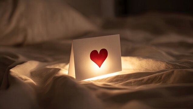 Heart-shaped card on a bed. Soft lighting highlights a white card with a red heart cutout
