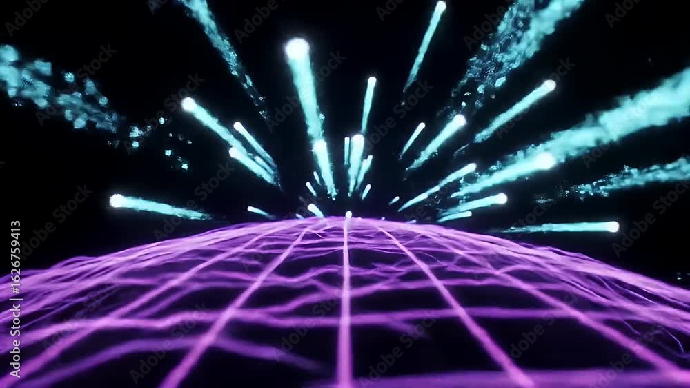 Poster dynamic abstract digital network flow with vibrant neon light streaks and energy pulses creating fut