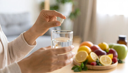 A macro commercial shot of a person taking a probiotic
