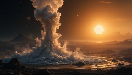 Close up Geyser Plume at Sunset, Dark Space Background