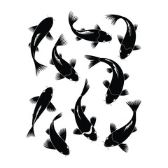 Obraz premium Top view silhouettes for koi pond and aquarium visuals, black and white isolated vector illustrations of fish and water elements