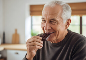 Joyful senior man savoring rich dark chocolate in bright kitchen, embracing simple pleasures and healthy aging with a delicious treat, promoting wellness and happiness