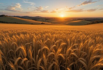 Close up Golden Wheat Field at Sunset