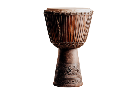 Close-up of a wooden hand drum.  Dark brown, intricately carved base.  Hand-stitched leather head.  Isolated on black