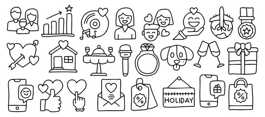 Hand drawn doodle icon set – love, family, shopping, pet, holiday, social media, gift,...