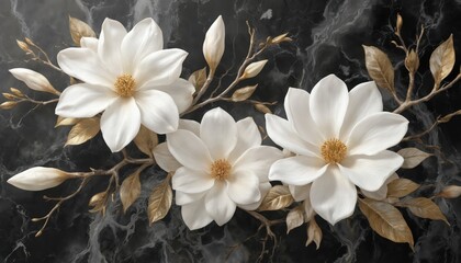 Fototapeta premium Elegant white magnolia flowers bloom on dark marble background. Golden leaves and buds adorn branches. Delicate floral arrangement evokes luxury, serenity, spa, and beauty.