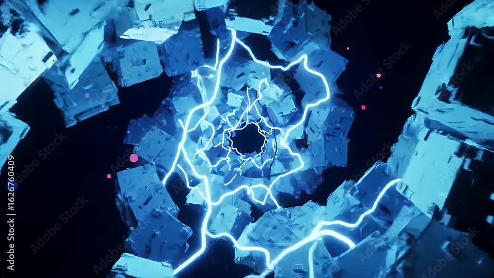 Poster dynamic abstract tunnel journey with glowing blue energy streams and geometric structures