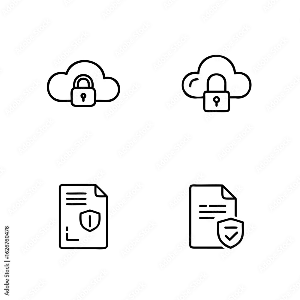 Poster cloud lock icon document shield icons line art security data