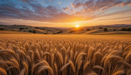 Close up Golden Wheat Field at Sunset