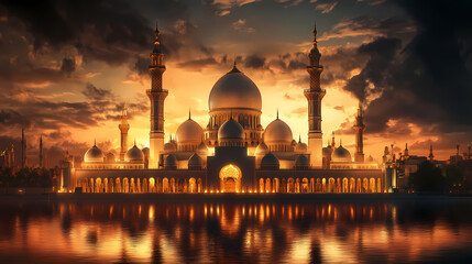 Naklejka premium Majestic Mosque Illuminated by Golden Sunset Reflecting on Water