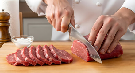 Professional chef skillfully slicing fresh, high-quality beef tenderloin on a wooden cutting board, preparing a gourmet meal in a restaurant kitchen for discerning diners