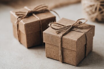 Two small, kraft paper gift boxes, tied with twine bows, sit on a light beige surface