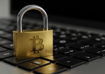 Bitcoin security concept: golden padlock symbolizing protection on a laptop keyboard.