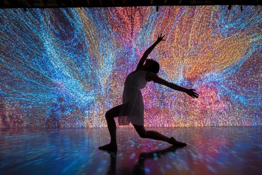 A dancer showcases a fluid and expressive performance in a contemporary gallery, bright colors illuminating the backdrop during an evening art event Generative AI