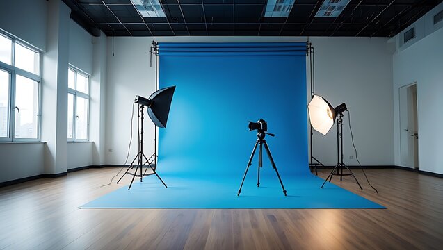 Empty photographic studio interior with professional lighting equipment and camera set up against a vibrant blue backdrop for creative visual productions and artistic endeavors