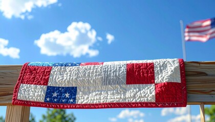 Patriotic Quilt with Red White and Blue Hanging on Fence Under Sunny Sky