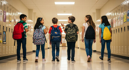 Obraz premium A group of children are walking together in the school corridor, talking to each other.